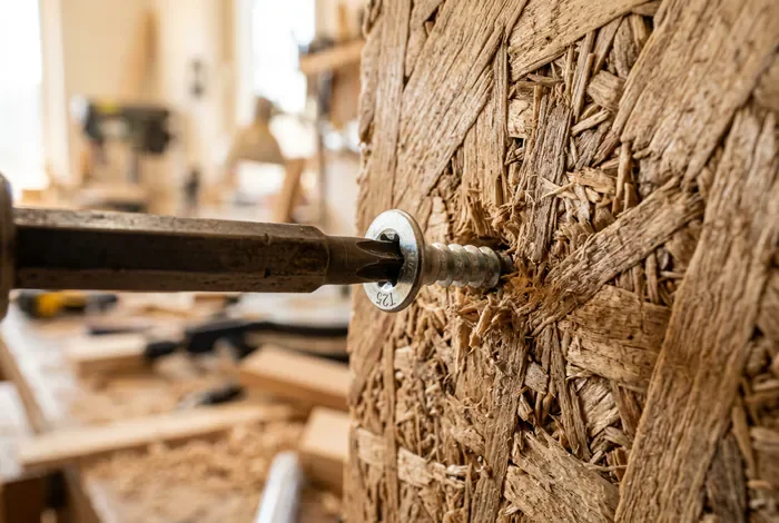 Isolation d'un garage en OSB : le guide - Isolation garage OSB : 3 erreurs à éviter - Garage froid ? Comment l'isoler avec de l'OSB Gros plan sur une visseuse enfonçant une vis Torx dans un panneau OSB.
