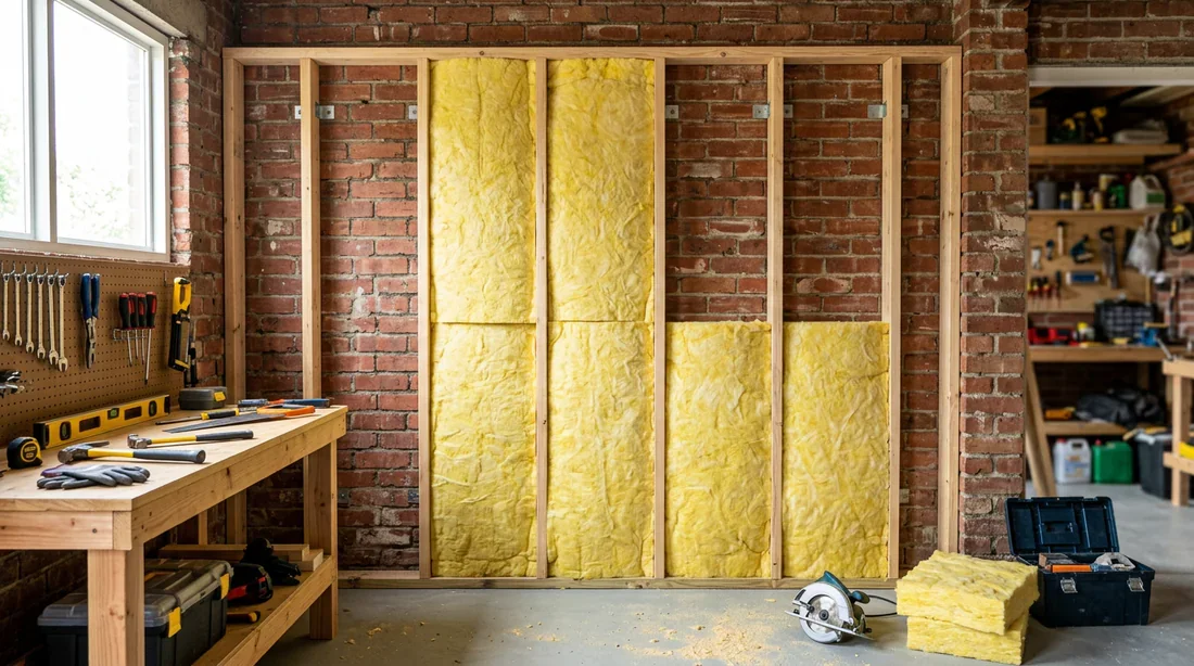 Pose de l'ossature bois et de l'isolant Ossature en bois fixée au mur du garage avec laine de verre insérée.