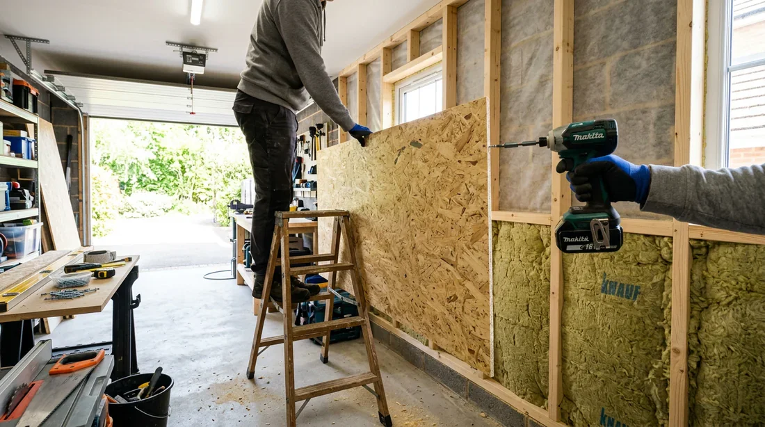 Isolation et doublage d'un mur de garage en OSB Rénovation et isolation d'un mur de garage avec de la laine de verre et pose de panneaux OSB.