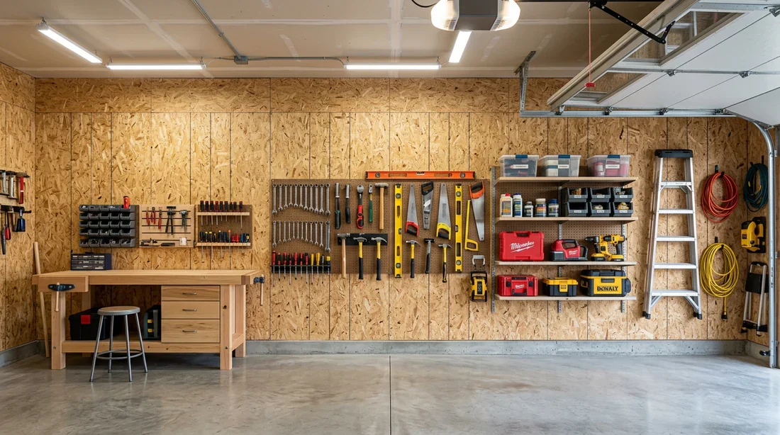 Vue d'ensemble d'un mur de garage entièrement isolé et habillé de panneaux OSB.