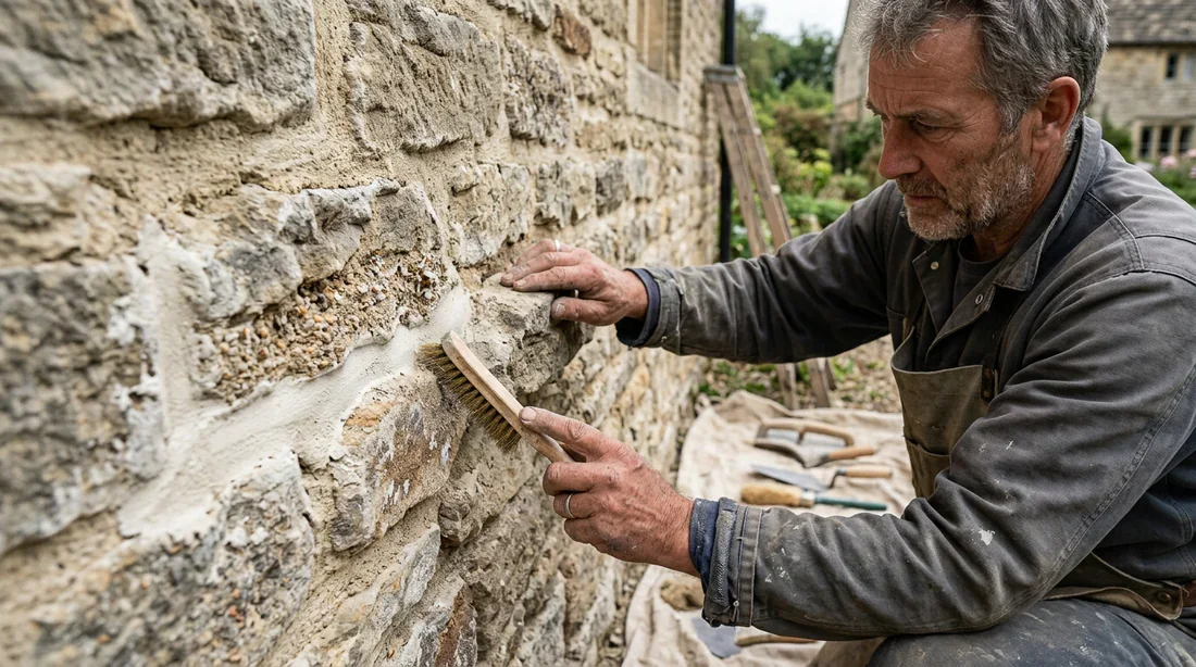 Brossage et finition des joints à la chaux sur mur en pierre