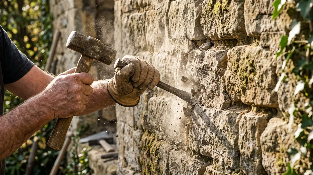 Dégarnissage des anciens joints abîmés sur un mur en pierre