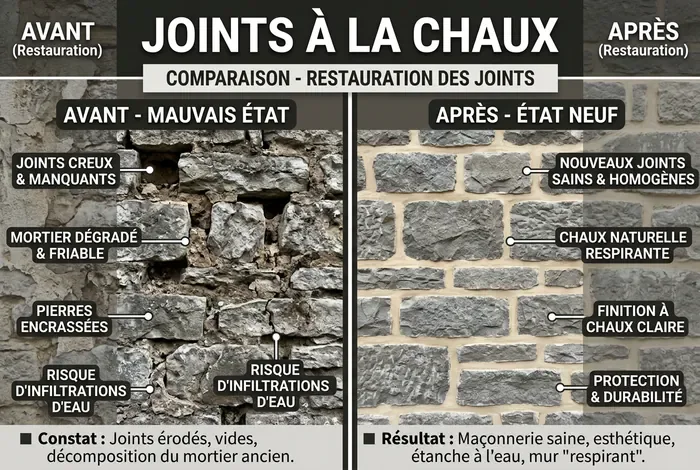 Infographie avant-après rénovation des joints à la chaux sur un mur en pierre