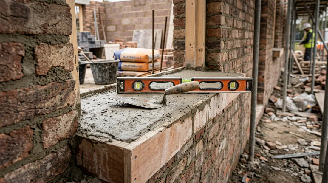 Réalisation d'un appui de fenêtre en maçonnerie Appui de fenêtre en cours de réalisation sur un chantier de maçonnerie avec truelle et niveau à bulle.