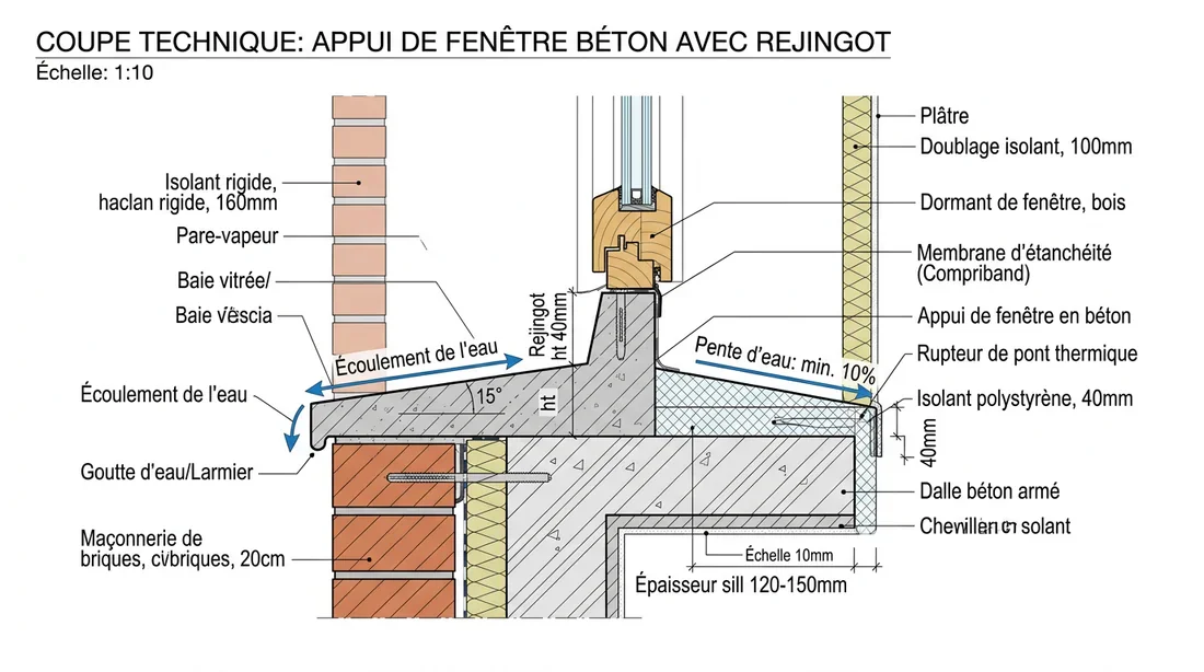 Coupe technique d'un appui de fenêtre avec rejingot Schéma technique en coupe d'un appui de fenêtre maçonné avec rejingot.
