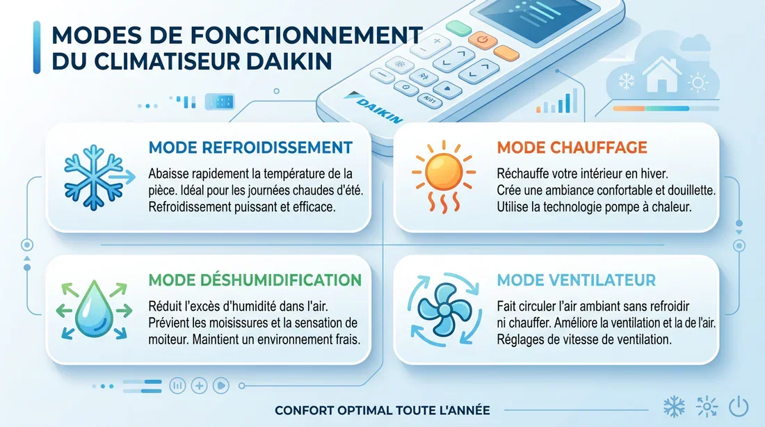 Guide des modes Daikin Infographie explicative des modes de la télécommande Daikin