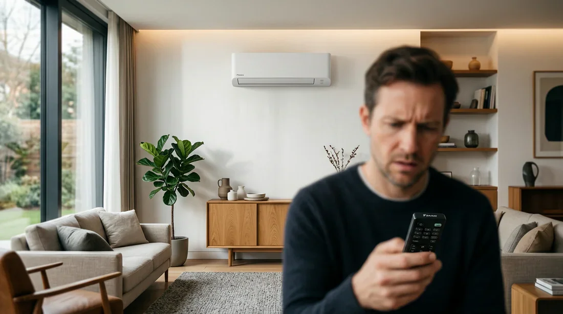 Configuration de votre unité Daikin Personne utilisant une télécommande Daikin dans un salon moderne