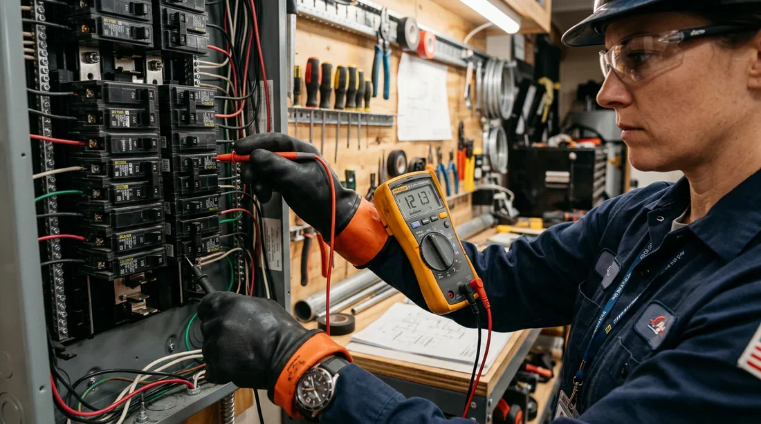 Électricien utilisant un multimètre sur un disjoncteur