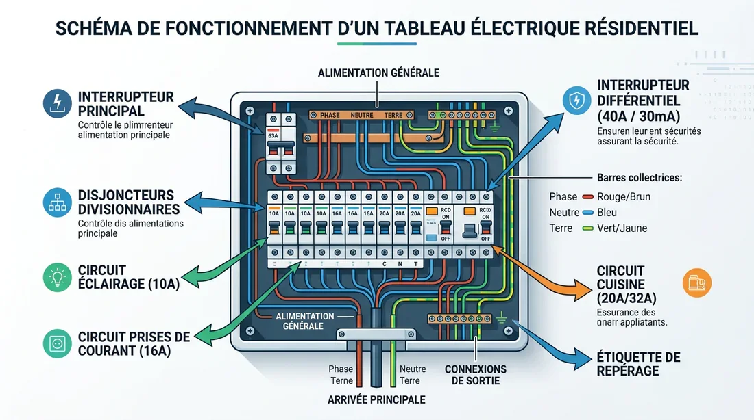 Schéma explicatif des composants d'un tableau électrique domestique