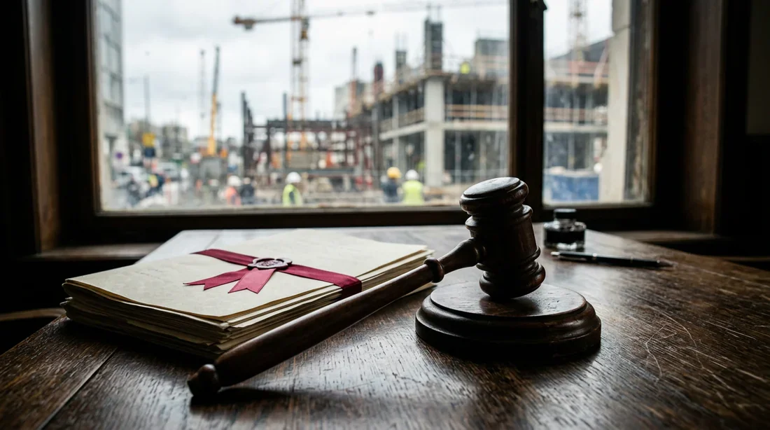 Maison moderne en construction avec un ruban à mesurer géant sur le pignon symbolisant le contrôle de la hauteur.