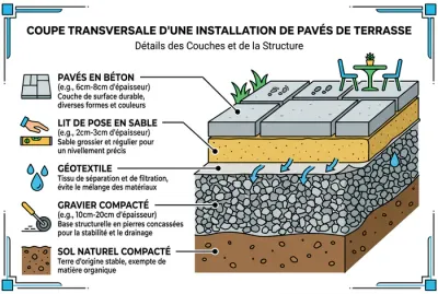 Schéma technique des couches pour la pose d'un dallage extérieur