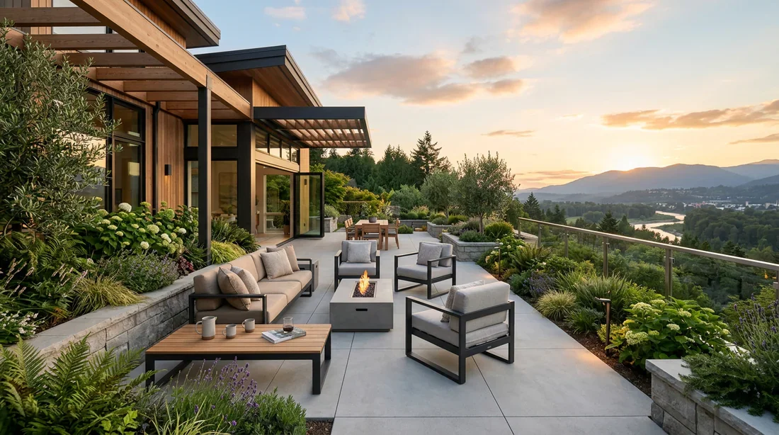 Terrasse contemporaine parfaitement aménagée avec mobilier extérieur moderne