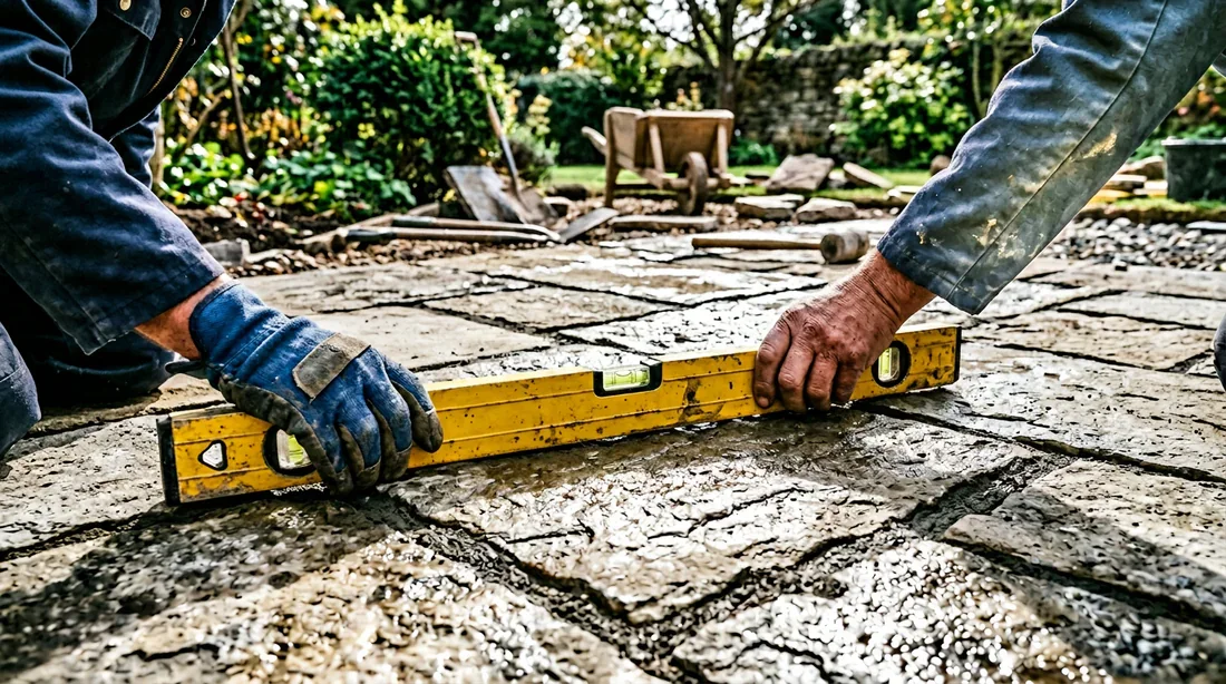 Vérification du niveau pour la pose de dalles de terrasse