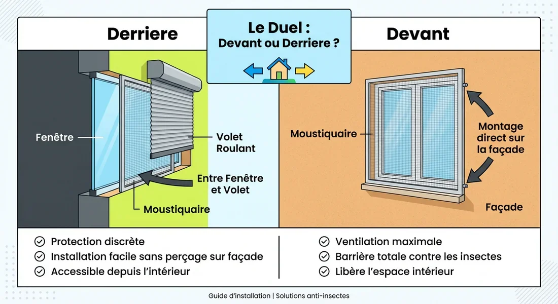 Comparaison visuelle entre une pose de moustiquaire devant ou derrière le volet