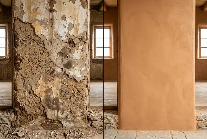 Comparatif avant et après rénovation d'un mur en pisé endommagé