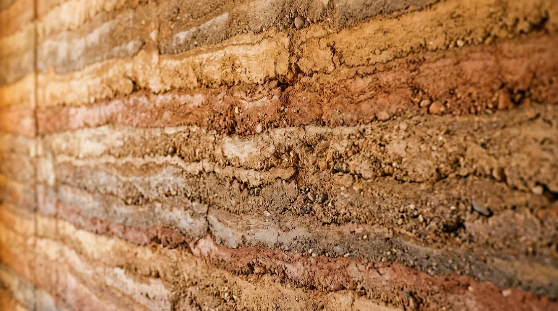 Composition et texture du pisé Détail de la texture et de la terre crue d'un mur en pisé