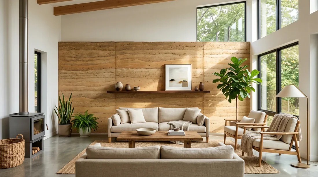 Rénovation d'un mur en pisé dans un intérieur moderne Salon moderne lumineux avec mur d'accent en pisé terre crue rénové
