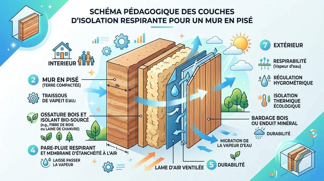 Schéma explicatif des couches d'isolation respirante pour mur en pisé