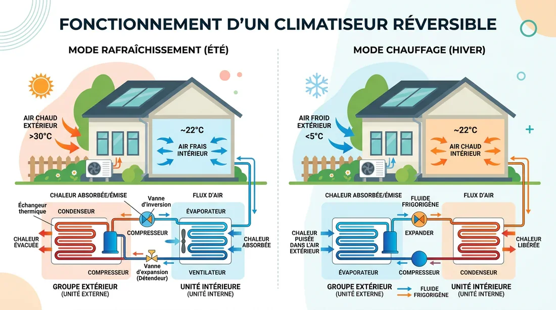 Schéma explicatif du fonctionnement de la climatisation Infographie expliquant le fonctionnement et le flux d'air d'une climatisation