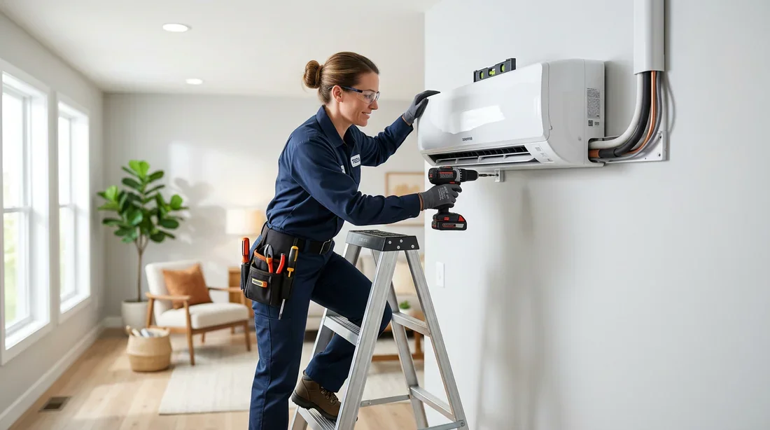 Installation professionnelle d'une climatisation Technicien en train d'installer une unité de climatisation murale