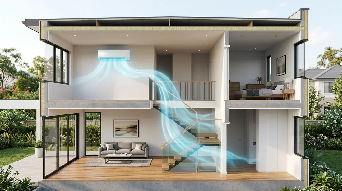 Schéma 3D de climatisation pour maison à étage Coupe 3D d'une maison à étage montrant la diffusion de l'air frais d'une climatisation depuis l'escalier