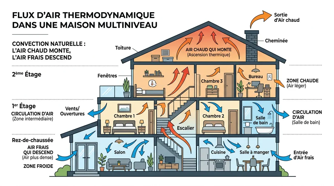 Principe de la thermodynamique et climatisation d'étage Infographie montrant la circulation de l'air chaud et de l'air froid dans une maison à étage