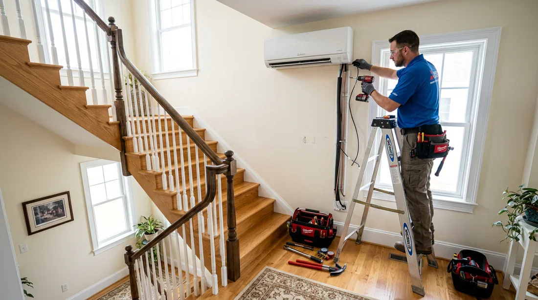 Installation d'un climatiseur en haut d'escalier Technicien installant un climatiseur au sommet d'un escalier de maison