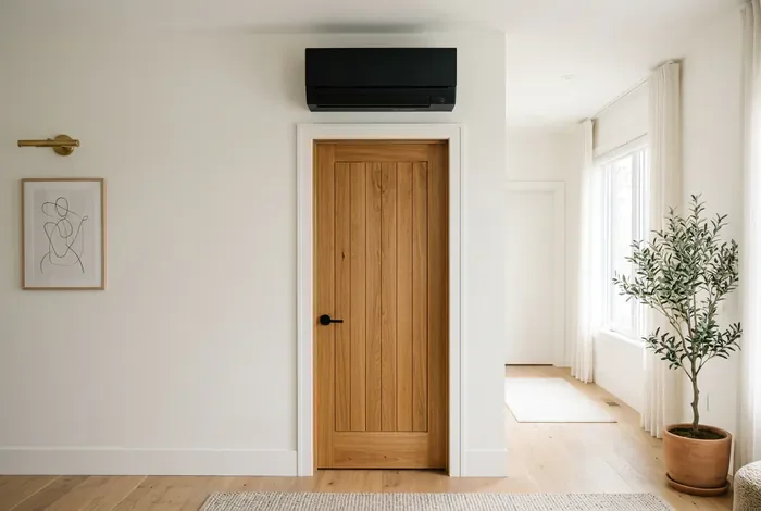 Où placer la clim dans une maison à étage ? - Clim maison à étage : les 3 meilleurs emplacements - Comment bien climatiser une maison à étage ? Unité de climatisation noire mate design au-dessus d'une porte de chambre