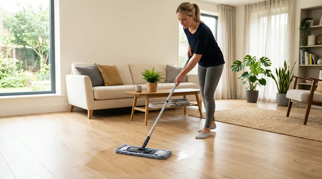 Entretien et nettoyage simple d'un sol en stratifié avec une serpillière en microfibre.