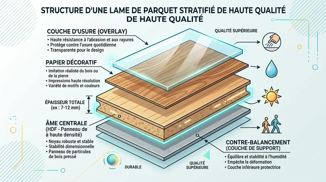 Schéma explicatif des différentes couches composant une lame de parquet stratifié.