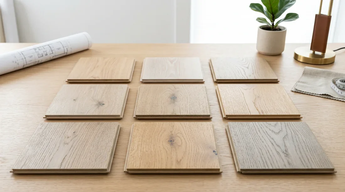 Sélection d'échantillons de parquets stratifiés imitation bois chêne clair aux différentes finitions.