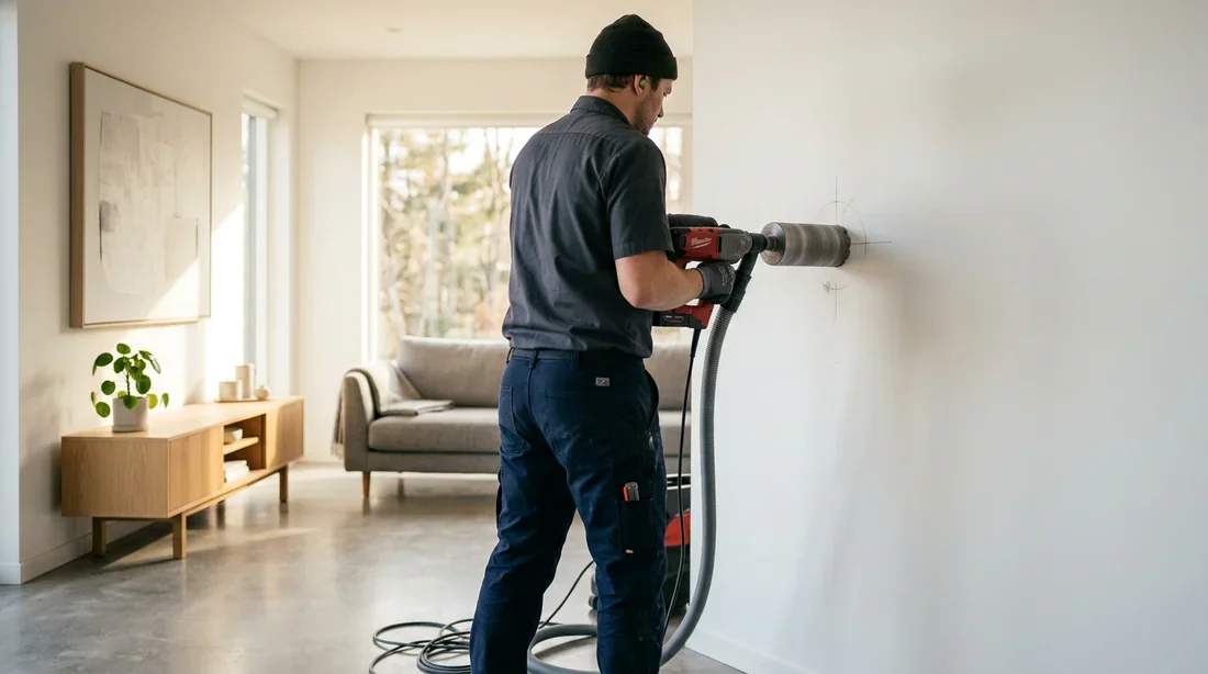Installation de climatisation : percement précis du mur intérieur à la carotteuse Technicien professionnel effectuant le carottage d'un mur intérieur pour l'installation d'une climatisation.