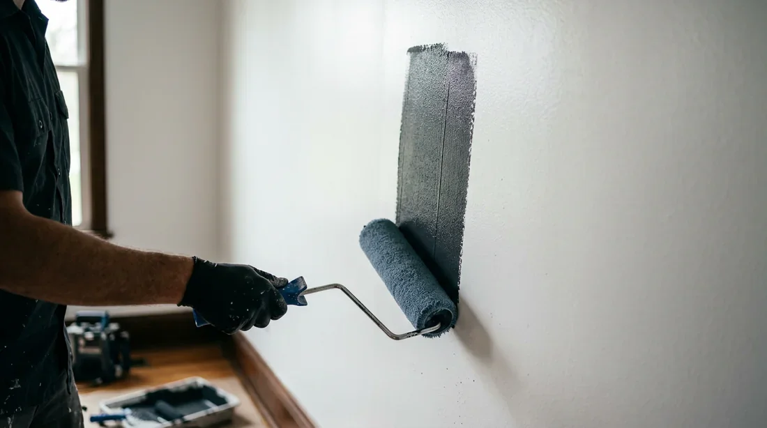 Application de peinture mate foncée sur un mur blanc satiné