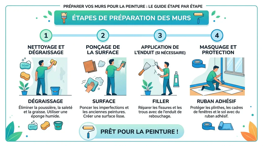 Infographie des étapes de préparation d'un mur avant peinture