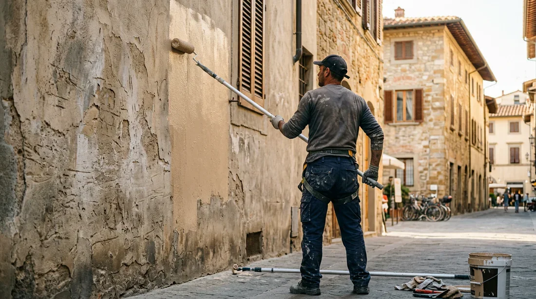 Artisan peintre appliquant de la peinture sur une façade en enduit gratté
