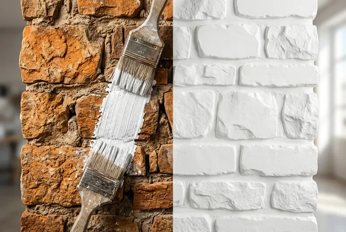 Peinture pour pierre de parement : le guide - Peindre ses pierres de parement : méthode pro - Comment peindre des pierres de parement sans trace ? Avant après rénovation d'un mur en pierre avec de la peinture blanche