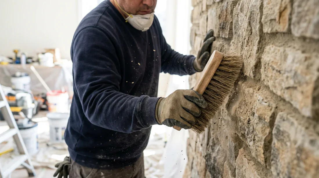 Préparation de la pierre de parement Nettoyage et préparation d'un mur en pierre de parement avant peinture
