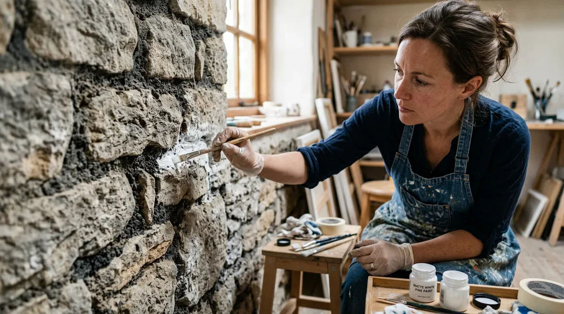 Mise en peinture des détails du mur Peinture au pinceau dans les recoins du mur en pierre de parement