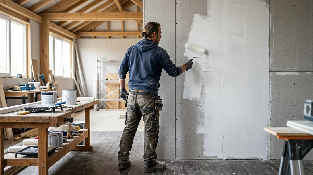Application sous-couche sur mur Fermacell Artisan de dos appliquant une sous-couche blanche au rouleau sur un mur en Fermacell brut