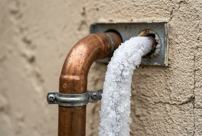 Gros plan macro sur un tuyau en cuivre de climatisation recouvert de givre épais