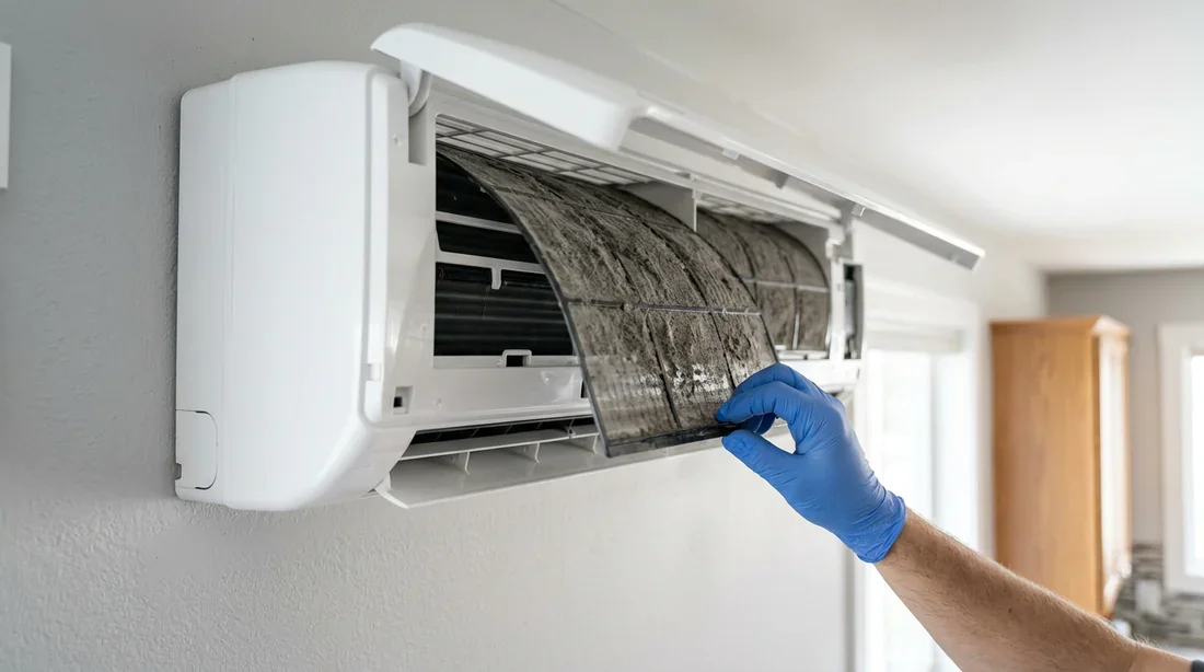 Retrait d'un filtre à air encrassé sur une unité intérieure de climatisation