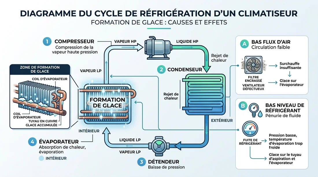 Schéma explicatif du cycle frigorifique et de la formation de gel sur le tuyau de climatisation