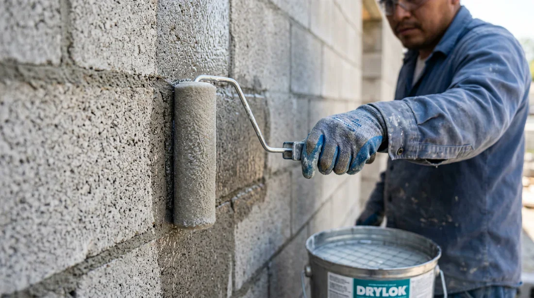 Application d'un produit hydrofuge au rouleau sur un mur en parpaing