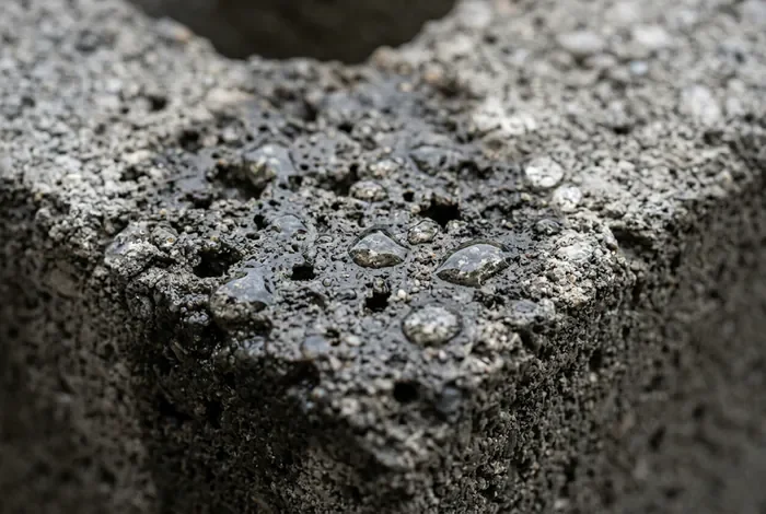 Mur en parpaing sans enduit : Risques & Solutions - Parpaing brut sans enduit : 4 solutions d'attente - Peut-on laisser un mur en parpaing sans enduit ? Gros plan de l'eau s'infiltrant dans la texture poreuse d'un parpaing