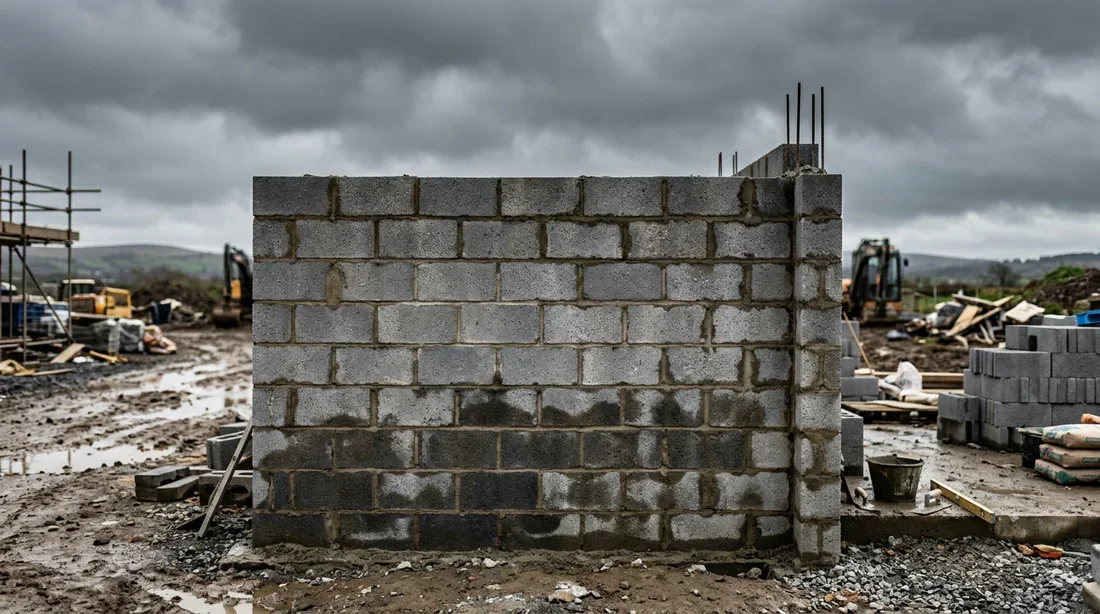 Mur en parpaing brut extérieur menacé par la pluie avec traces d'humidité à la base
