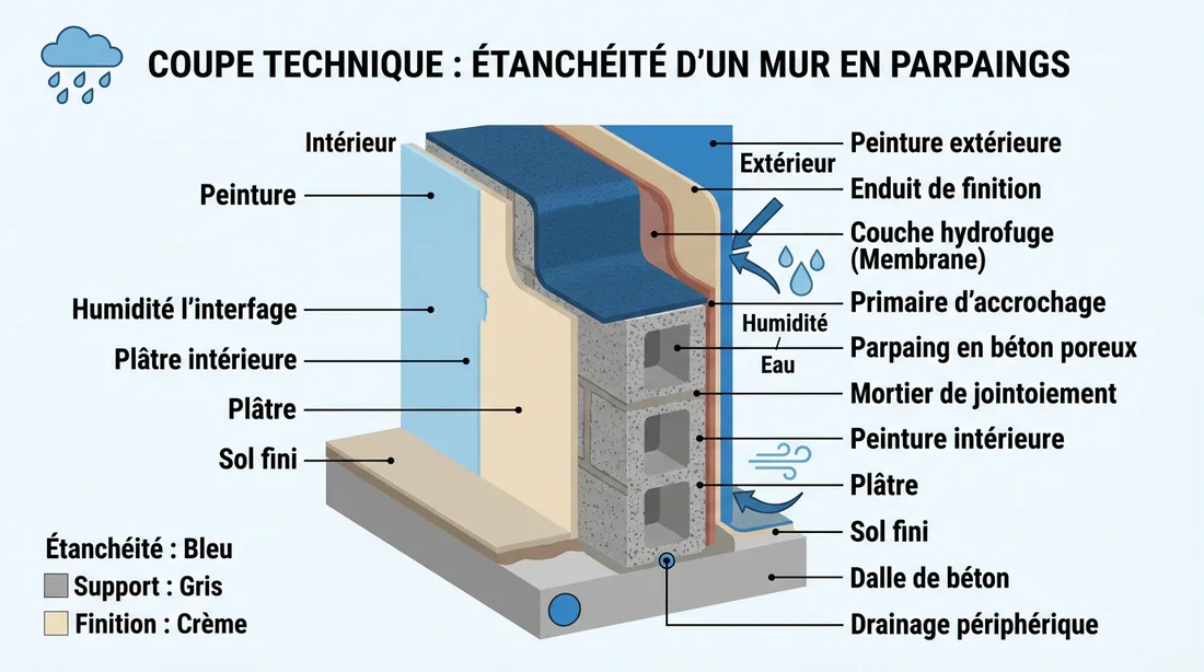 Schéma technique montrant l'étanchéité et les couches de protection d'un mur en parpaing
