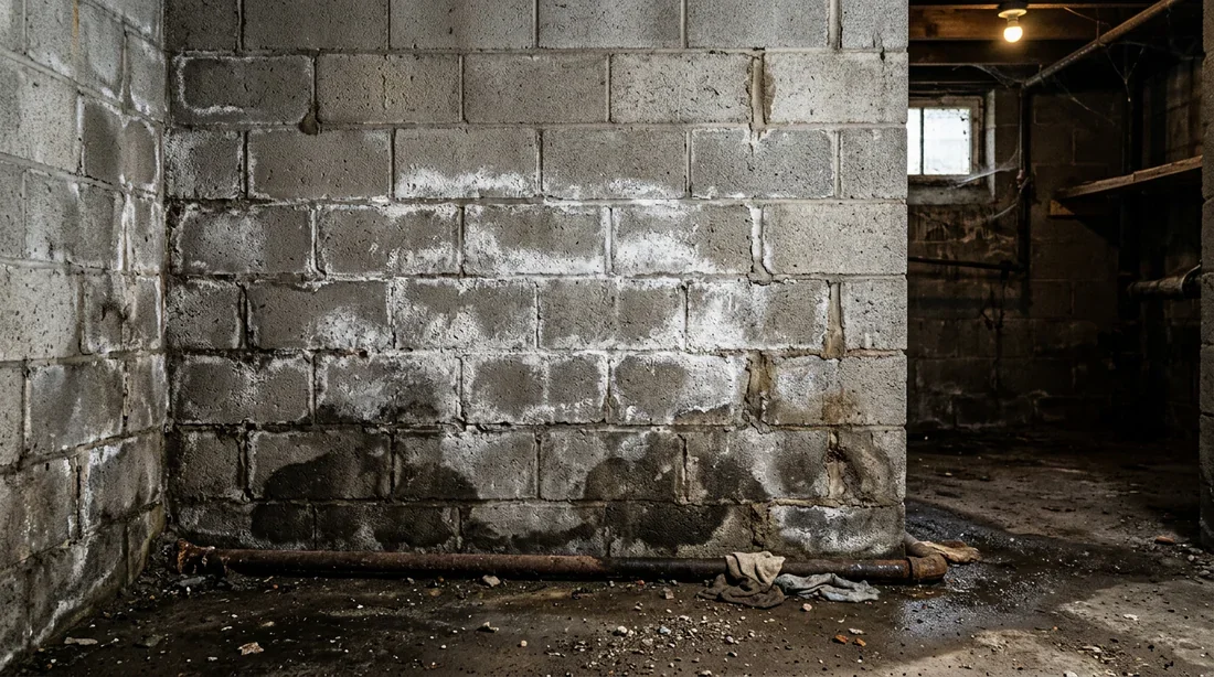 Traces d'humidité et salpêtre sur un mur en parpaings de sous-sol