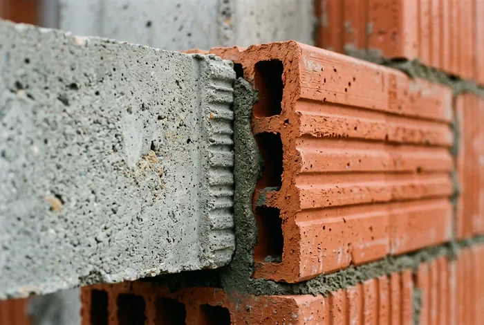 Gros plan sur l'emboîtement d'une poutrelle béton et d'un hourdis en terre cuite rouge