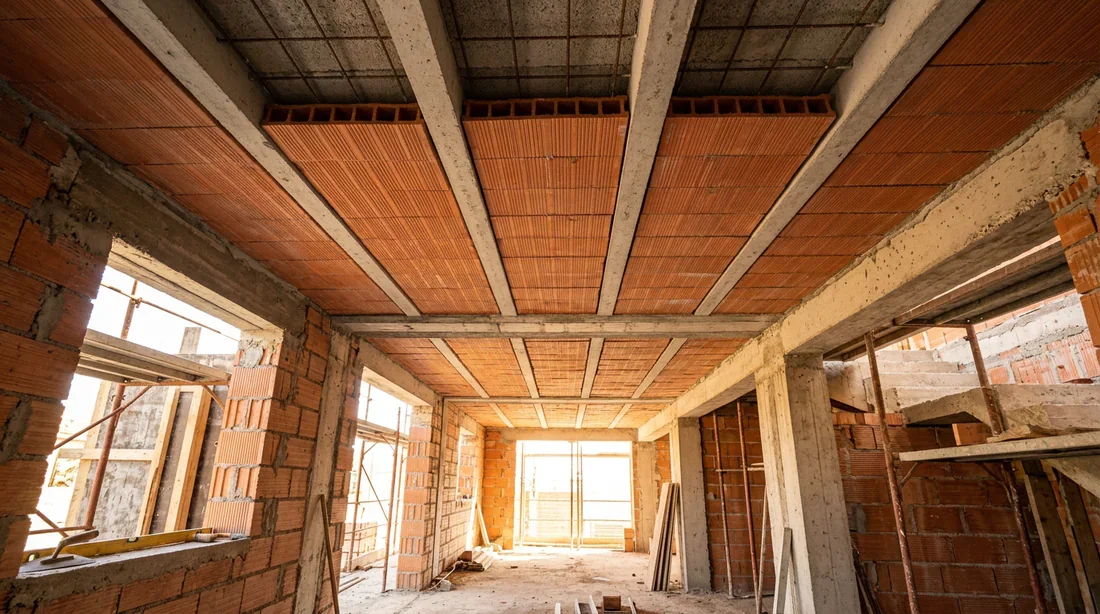 Plafond en hourdis brique et poutrelles béton Plafond en hourdis brique fraîchement posé sur un chantier de maçonnerie avant l'enduit plâtre