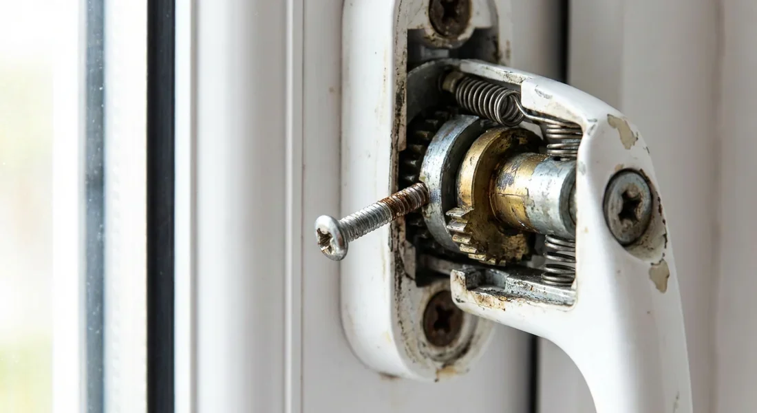 Détails du mécanisme interne d'une poignée de fenêtre défectueuse.